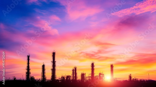 Industrial refinery silhouetted against a vibrant sunset sky, showcasing the dramatic colors of the evening and the towering structures.