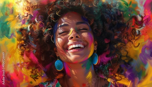 Smiling Person with Curly Hair in Colorful Attire, Joy and Confidence