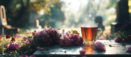 Flowers and tea presented a...