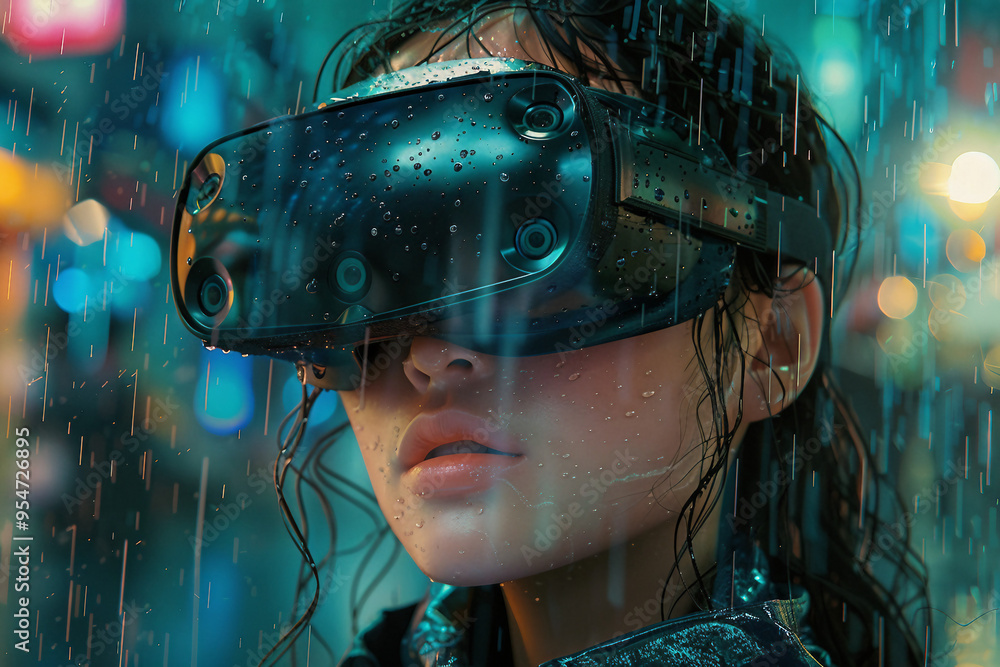 Fashion model person wearing futuristic shiny glamorous VR goggles watching cyberpunk video, Generative AI Fashion model person wearing futuristic shiny glamorous VR goggles watching cyberpunk video, Generative AI