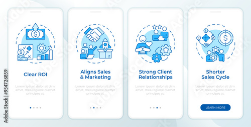 ABM benefits blue onboarding mobile app screen. Walkthrough 4 steps editable graphic instructions with linear concepts. UI, UX, GUI template. Montserrat SemiBold, Regular fonts used