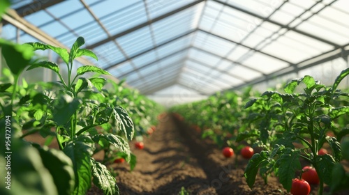 Lush green plants and ripe red tomatoes growing in a sunlit greenhouse, representing sustainable agriculture and organic farming.