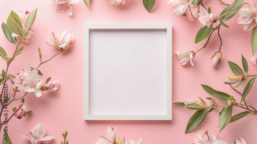 Top view of white blank square frame for mock up and display products with pastel background Top view of white blank square frame for mock up and display products with pastel background