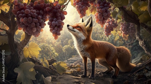 A fox is seen appreciating a bunch of grapes in a tranquil vineyard at dawn, with soft morning light illuminating the scene and showcasing the tranquility and beauty of nature.
