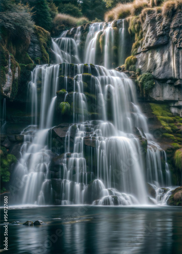 Serene waterfall cascading into a tranquil pool surrounded by lush greenery