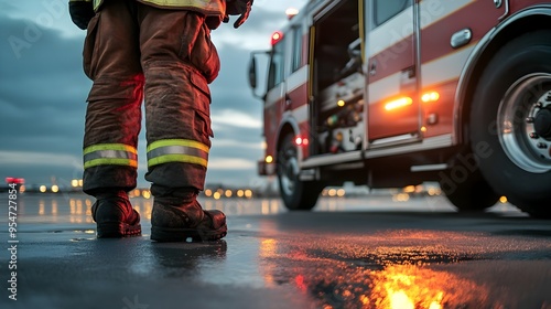 Closeup shot of an airport firefighter standing next to an emergency response vehicle on the tarmac