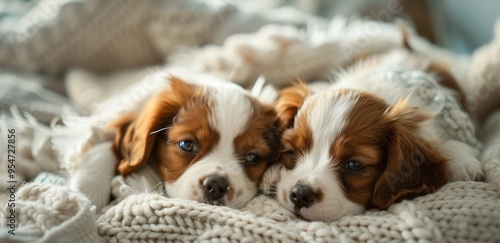 Brown and White Puppies Resting on Cozy Blanket in Natural Light