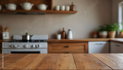 Wooden table and blurred kitchen background for display of product or object presentation. Generative AI