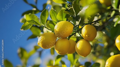 Vibrant yellow lemons dot the branches of a tree, their glossy skins illuminated in the dappled sunlight. Clusters of ripening lemons nestle among the verdant foliage