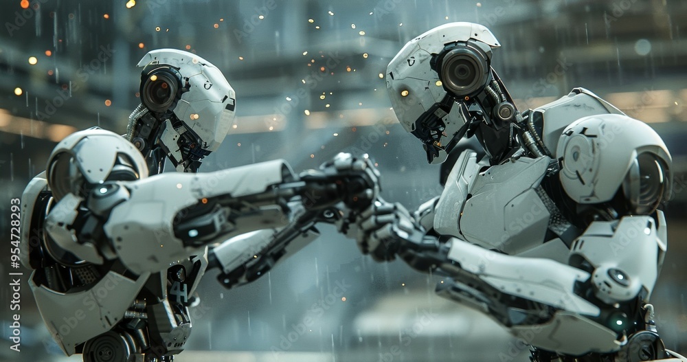 Intense Showdown Between Two Robots Under Harsh Lighting, Dramatic Scene Intense Showdown Between Two Robots Under Harsh Lighting, Dramatic Scene