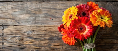 Gerber flowers on a wooden background with copyspace
