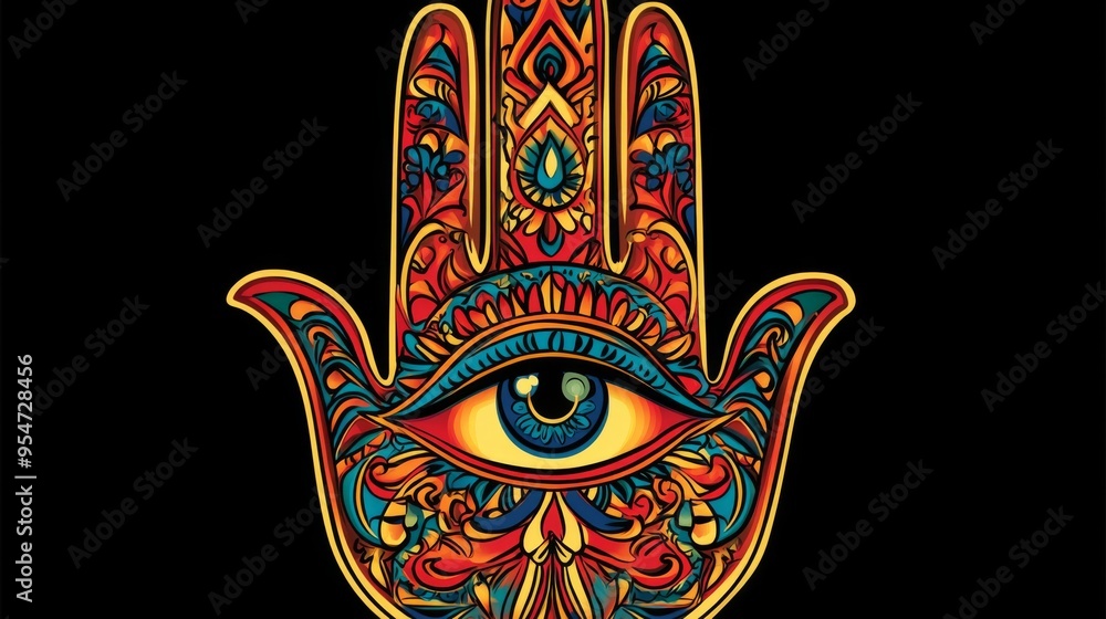 Naklejka premium A vibrant design of a hamsa hand with intricate patterns and a prominent blue eye at the center on a black background, symbolizing protection and spiritual insight.