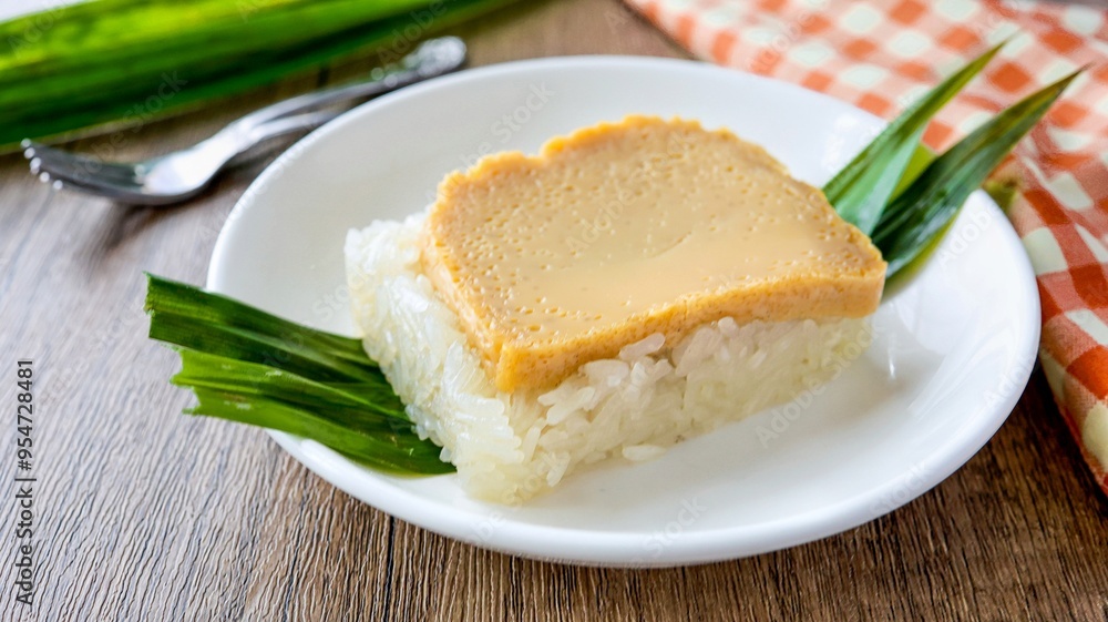 Sweet sticky rice with thai custard in a white plate on wooden background Sweet sticky rice with thai custard in a white plate on wooden background