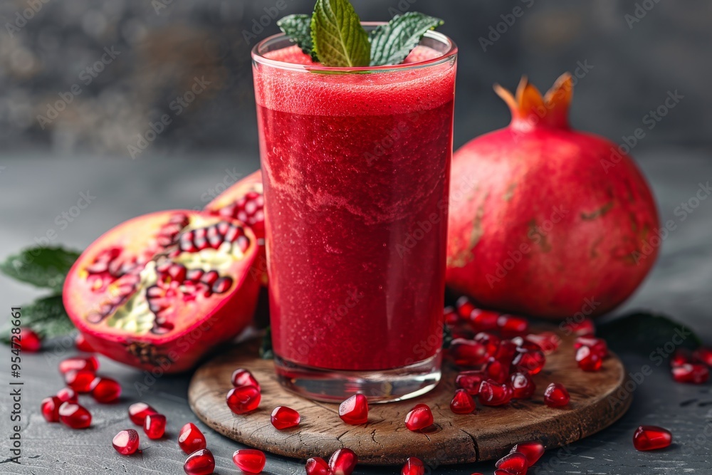 custom made wallpaper toronto digitalFresh pomegranate juice on wooden background for healthy food concept, agriculture and illustration advertise.