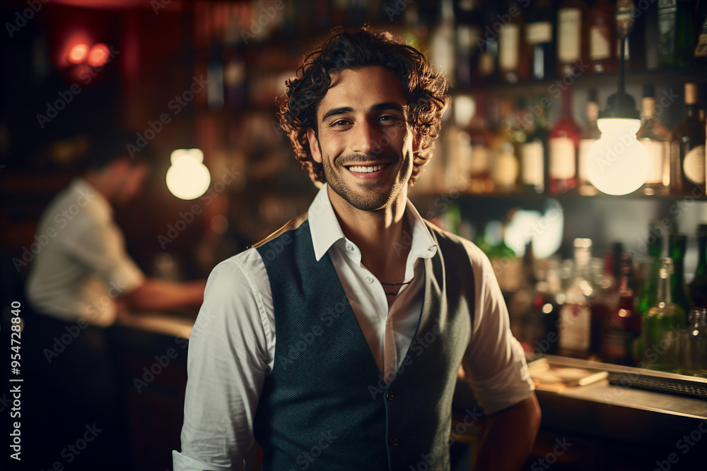 Classic bar pub with professional bartender barkeeper barman, Generative AI illustration photo Classic bar pub with professional bartender barkeeper barman, Generative AI illustration photo