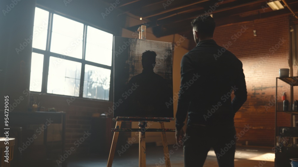 Artist stands in a sunlit studio, contemplating a silhouette painting on an easel. The scene conveys creativity, reflection, and artistic expression. Artist stands in a sunlit studio, contemplating a silhouette painting on an easel. The scene conveys creativity, reflection, and artistic expression.