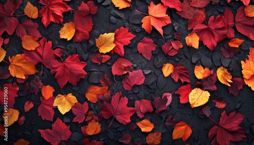 Autumn Leaves in Shades of Red and Orange with Soft Shadows in Warm Lighting