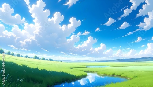 A green grassy field under a bright blue sky with fluffy white clouds, with the sun shining through photo