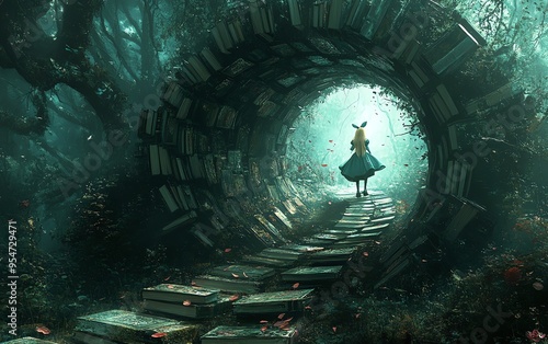 Craft an image of Alice in Wonderland tracking a white rabbit into a rabbit hole, with a trail of books marking the way