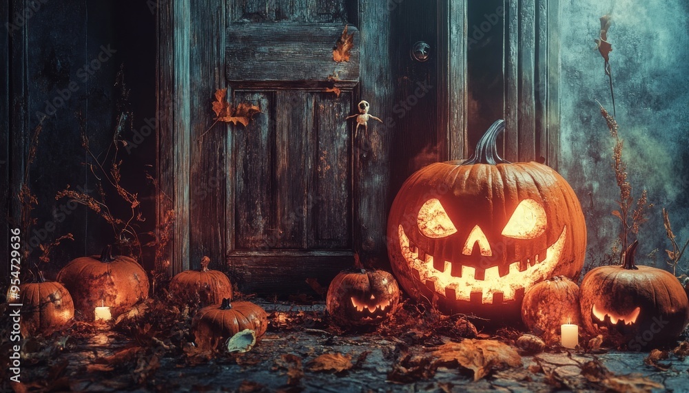 Fototapeta premium Old-Fashioned Halloween Greeting Card with Jack-O'-Lanterns in a Vintage Scene Creating Nostalgic Atmosphere