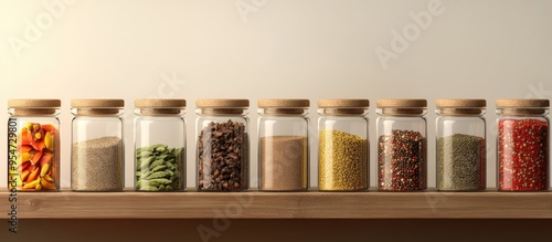 Fototapeta Naklejka Na Ścianę i Meble -  A row of spice jars on a kitchen shelf at home copy space for text