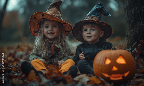 Two children wearing witch hats and dressed for Halloween play with pumpkins and have fun