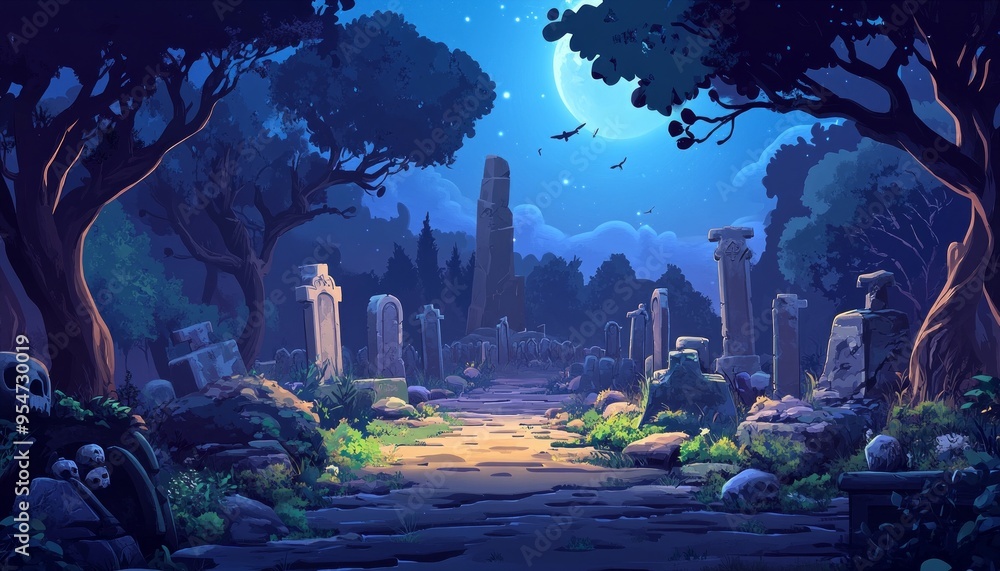 Obraz premium Graveyard Game Background with Full Moon and Spooky Tombstones Under a Cloudy Night Sky