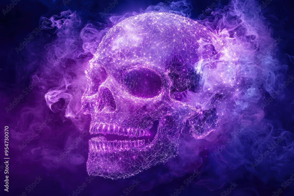 Ethereal crystal skull in vibrant purple and blue mist Ethereal crystal skull in vibrant purple and blue mist
