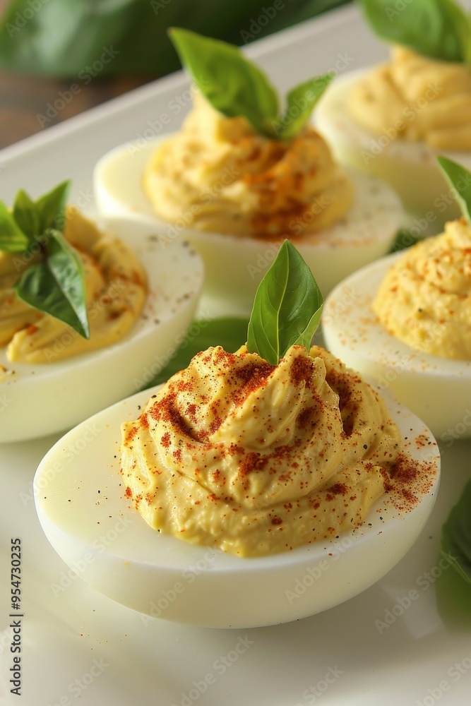 Classic Deviled Eggs Garnished with Paprika and Fresh Basil, Arranged on a White Plate for a Party Classic Deviled Eggs Garnished with Paprika and Fresh Basil, Arranged on a White Plate for a Party