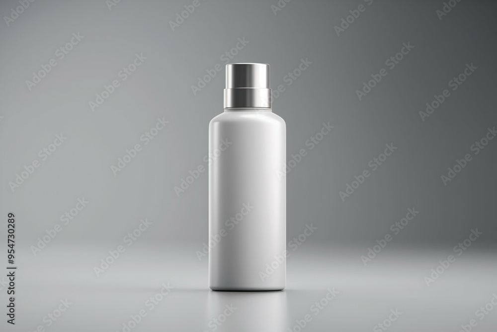 A white bottle with a silver cap Small plastic bottle with metallic cap A white bottle with a silver cap Small plastic bottle with metallic cap