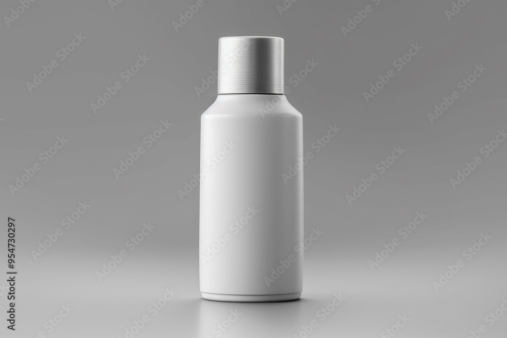 A white bottle with a silver cap Small plastic bottle with metallic cap A white bottle with a silver cap Small plastic bottle with metallic cap