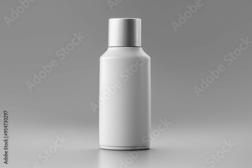  A white bottle with a silver cap Small plastic bottle with metallic cap 