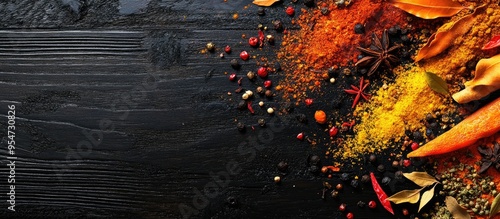 Various spices on a black w...