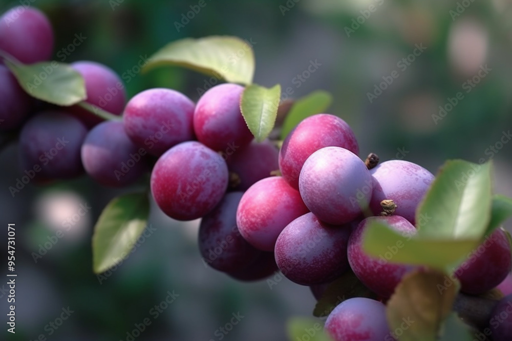 Abundance of Ripe Plums Hanging on a Lush Tree in a Bountiful Harvest Scene Abundance of Ripe Plums Hanging on a Lush Tree in a Bountiful Harvest Scene