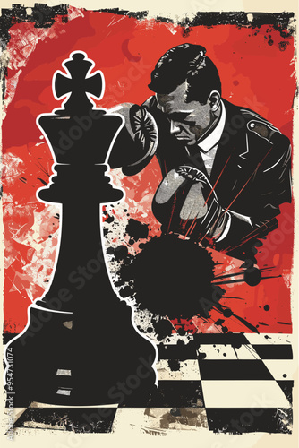 Businessman in Boxing Gloves Fights Chess King Piece, Strategic Planning to Outmaneuver and Defeat Business Rivals