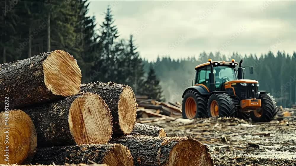 Save forest. Save nature. Logs are stacked in a forest with a tractor in the background