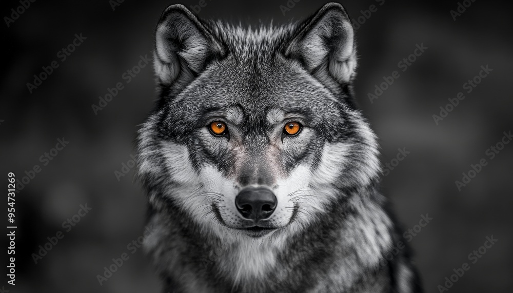Fototapeta premium Monochrome Image of a Wolf with Intense Gaze in Forest