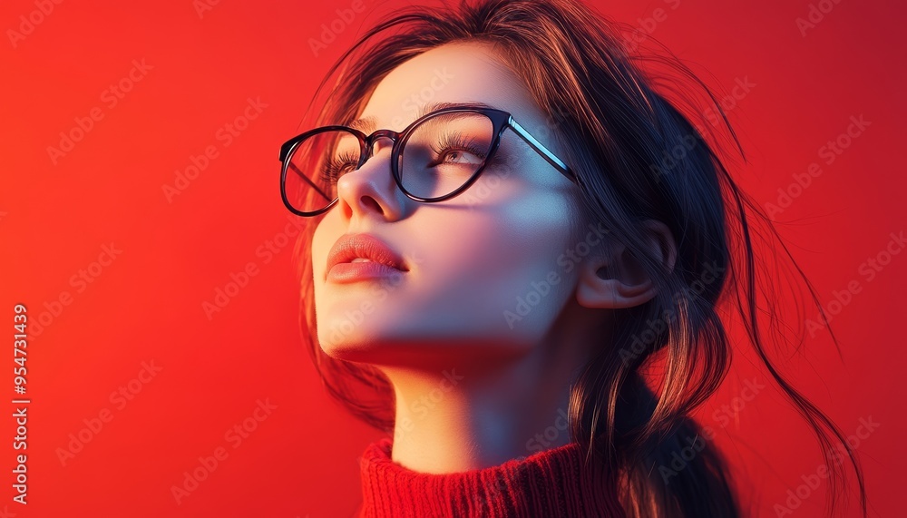 Stylish Woman Wearing Glasses with Red Background Fashionable Outfit Stylish Woman Wearing Glasses with Red Background Fashionable Outfit