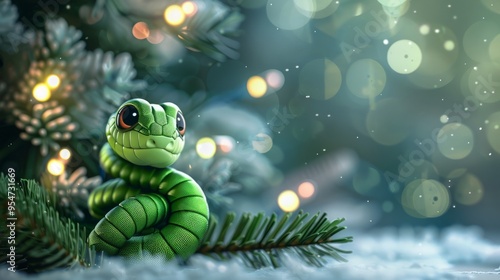 Green little snake is sitting by the Christmas tree, in the style of iconic pop culture caricatures, cute and dreamy