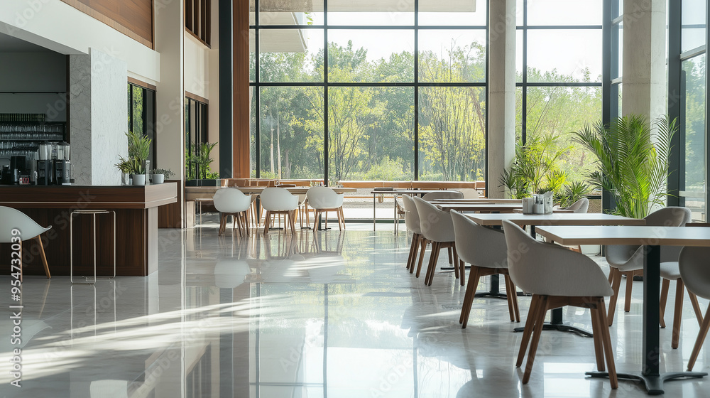 room interior. A spacious dining area with modern furniture, including sleek tables and chairs, an open layout, and large windows that bring room interior. A spacious dining area with modern furniture, including sleek tables and chairs, an open layout, and large windows that bring