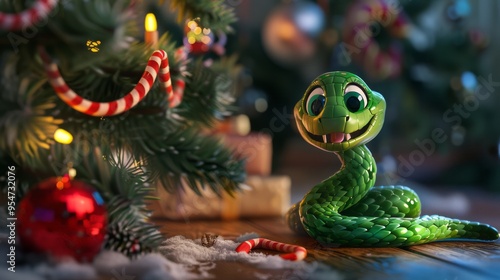 Green little snake is sitting by the Christmas tree, in the style of iconic pop culture caricatures, cute and dreamy