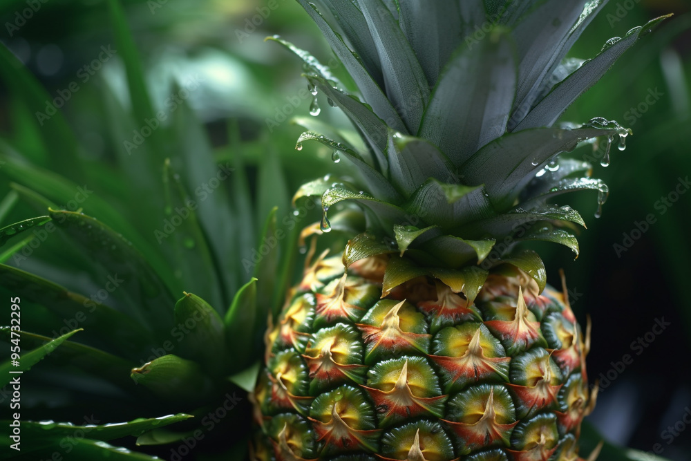 Obraz premium Mature pineapple on the wooden table in the tropical paradise generated by, generative IA