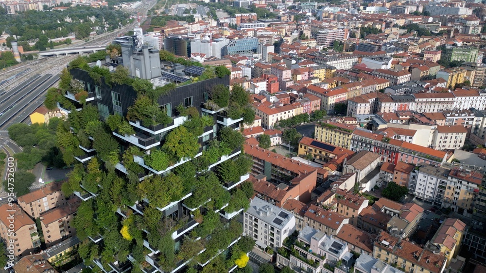 Italy ,Milan 09,05,2024 - Drone view of Vertical forest, bosco verticale and Unicredit tower skyscraper in Garibaldi Gae Aulenti square financial district in downtown of the city - BAM , new skyline