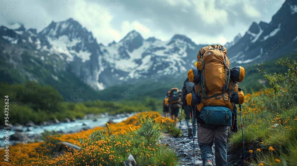 A group of tourists goes through the mountains with backpacks and tents. Camping in tents in the mountains. Travel concept. Mountains. Tourism. Camping. Hiking. Walking tour. Overcoming difficulties A group of tourists goes through the mountains with backpacks and tents. Camping in tents in the mountains. Travel concept. Mountains. Tourism. Camping. Hiking. Walking tour. Overcoming difficulties