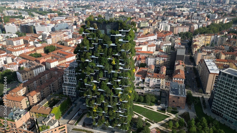 Italy ,Milan 09,05,2024 - Drone view of Vertical forest, bosco verticale and Unicredit tower skyscraper in Garibaldi Gae Aulenti square financial district in downtown of the city - BAM , new skyline