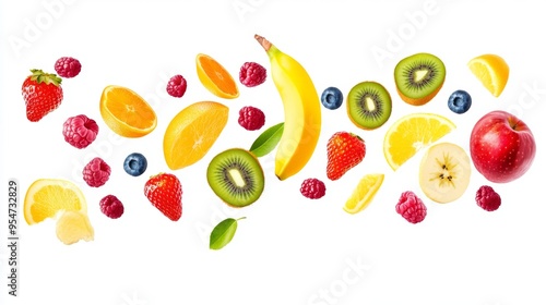 Wallpaper Mural Flying different fresh fruits in air on white background. Falling fruits mix multifruit Torontodigital.ca