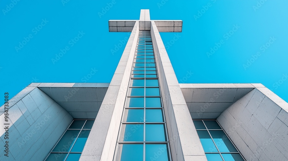 Upward view of Modern Concrete Religious catholic church building with cross against blue sky background, exterior