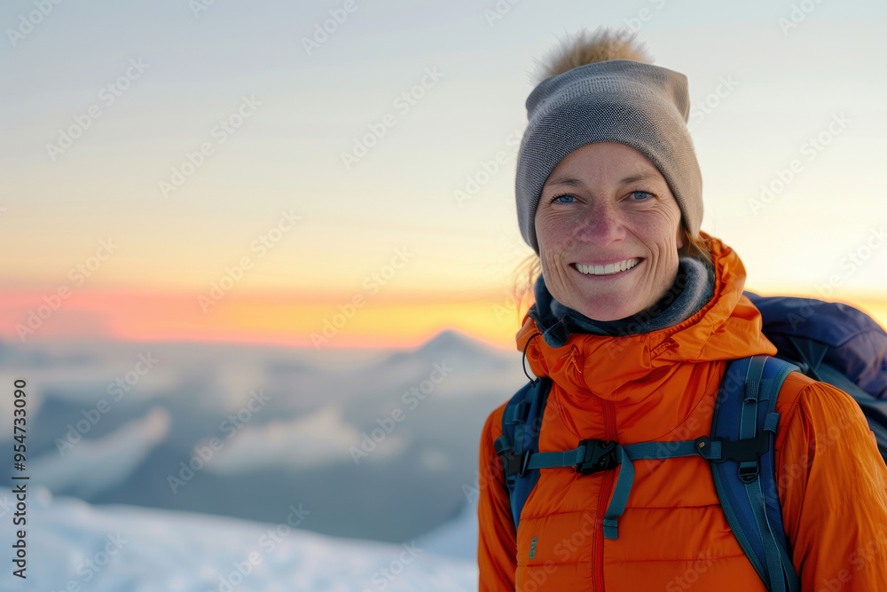 Smiling active woman reaching the summit of a mountain at sunrise, capturing the joy and achievement of outdoor adventure, fitness, and personal triumph in a breathtaking natural landscape. Smiling active woman reaching the summit of a mountain at sunrise, capturing the joy and achievement of outdoor adventure, fitness, and personal triumph in a breathtaking natural landscape.