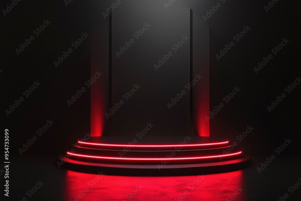 Black friday podium and black background stand or podium advertising display red light emission. with generative ai Black friday podium and black background stand or podium advertising display red light emission. with generative ai
