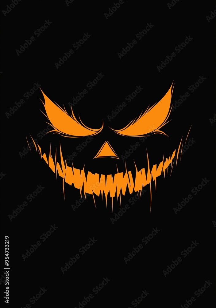 Isolated Evil Halloween pumpkin jack-o'-lantern orange face on black background, creepy grin, illustration Isolated Evil Halloween pumpkin jack-o'-lantern orange face on black background, creepy grin, illustration